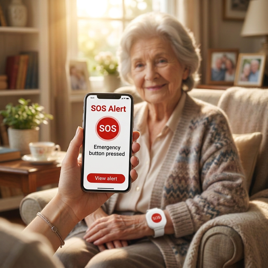 Family member receiving an SOS alert from grandmother's wristband