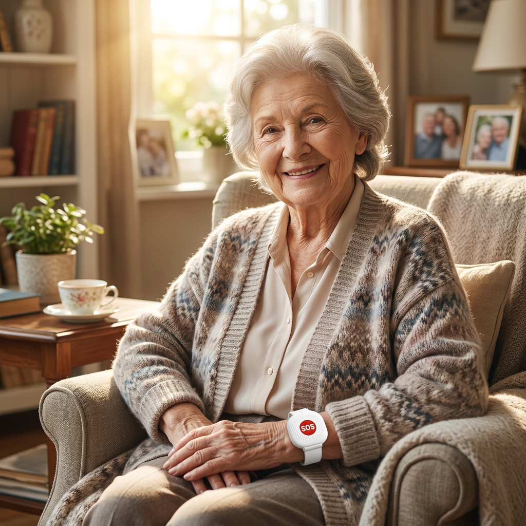 Senior wearing the SOS wristband at home
