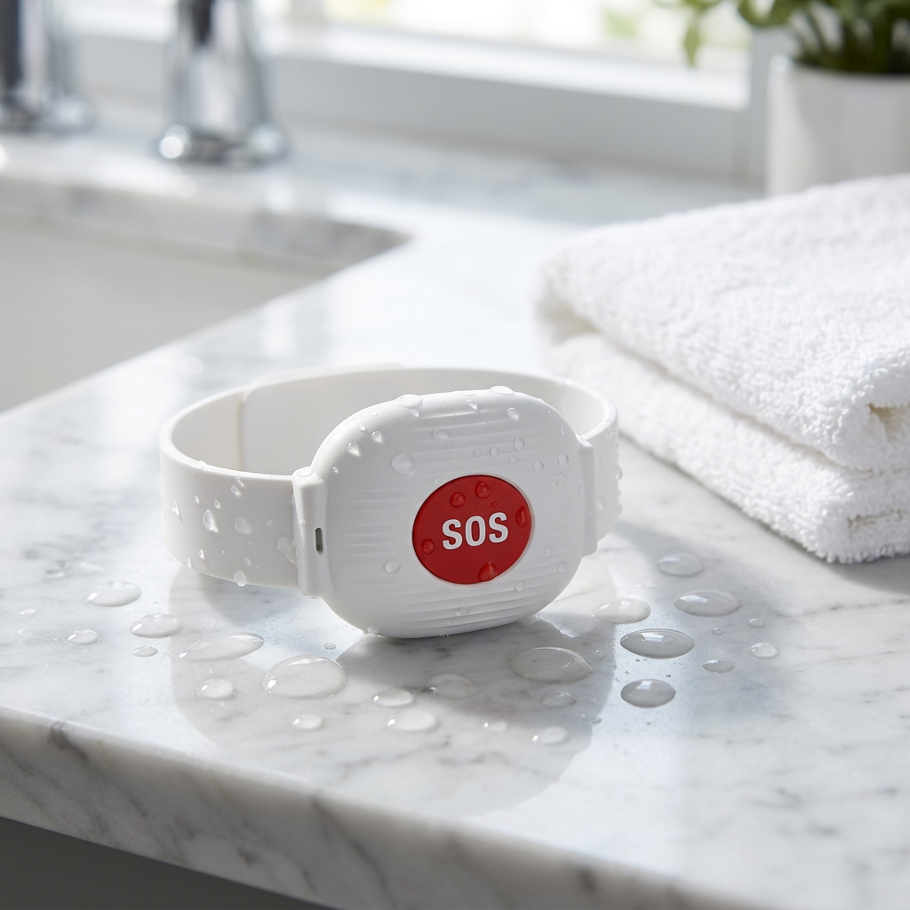 Waterproof SOS wristband in the bathroom
